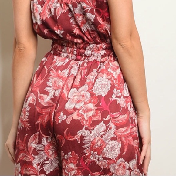 Wine Red Floral Print Lined Wide Leg Strapless Jumpsuit - Picture 4 of 8